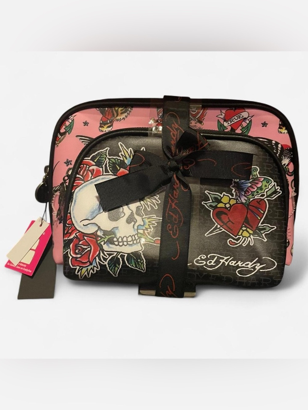Ed Hardy 2-Piece Pink & Black Tattoo Print Cosmetic Set with Ribbon